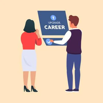 Manager and employee using touch screen panel about upgrade career in office. 库存插图