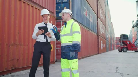 Manager and engineer discuss in the container yard Video stock 196290973