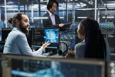Manager and female programmer in server room using PC Stock Photos