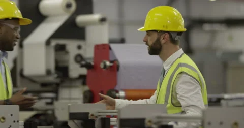 A manager and his foreman shake hands in a production factory. In slow motion Stock Footage 49098400