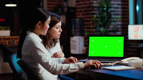 Manager and worker comparing business revenue numbers on chroma key laptop Stock Footage 263265006