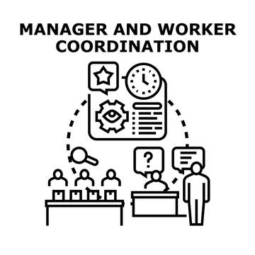Manager and worker coordination process workflow icon illustration Stock Illustration