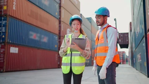 Manager and worker talk in the container yard Video stock 196290939