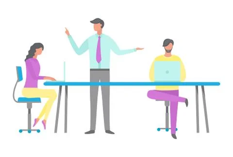 Manager and Workers in Office, Flat Style Vector Illustrazione stock