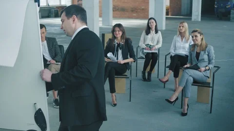 Manager in a business suit holds a presentation in the audience. Creative office Stock Footage 108034360