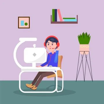 Manager of call-centre working at home, distance work, freelance work during Stock Illustration