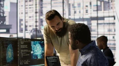 Manager coming to check on progress done by programmer creating AI Stock Photos