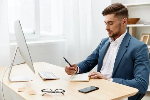 Manager computer desktop work self-confidence paper folder isolated background Stock Photos
