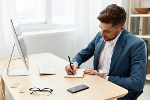 Manager computer desktop work self-confidence paper folder isolated background Stock Photos