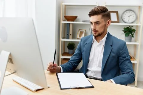 Manager computer desktop work self-confidence paper folder Gray background 스톡 사진