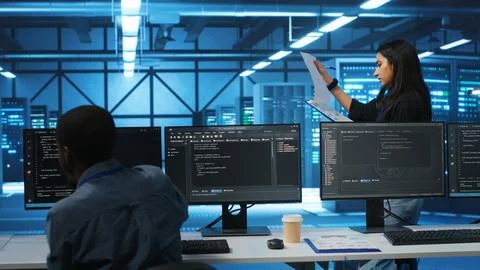 Manager in data center doing inspection on electronics and workers Stock Photos