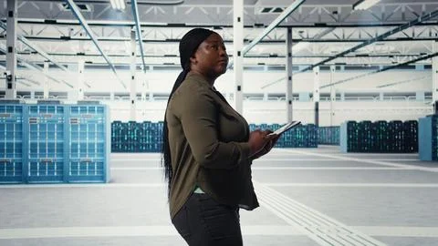 Manager in data center using tablet to deploy new server architecture Foto stock