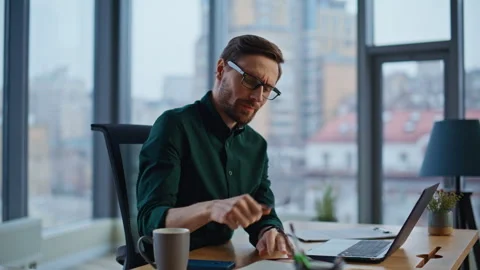 Manager dissatisfied stressful work in office closeup. Worried businessman Stock Footage 340236762