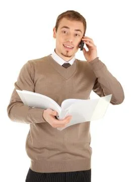 Manager with document folder calling by the phone Stock Photos