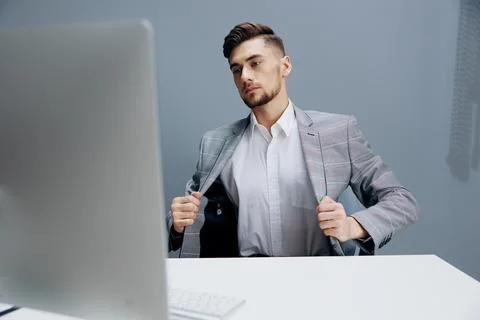 Manager documents on the table computer work emotions isolated background Stock Photos