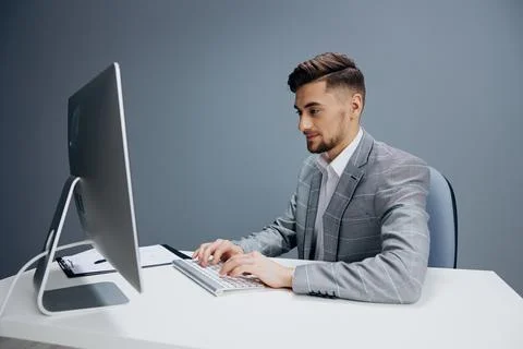 Manager documents on the table computer work emotions isolated background Stock Photos