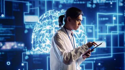 Manager doing AI human brain simulation Stock Photos