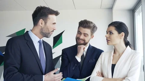 Manager during business meeting explains new strategy to coworkers Stock Footage 73671464