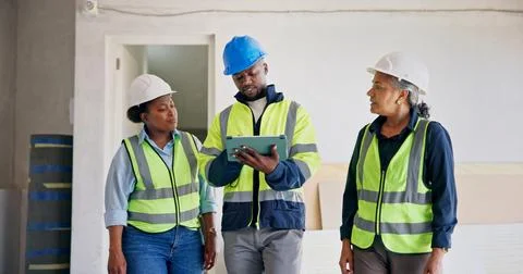 Manager, engineer and talk at building site with tablet, project or technic.. Stock Photos