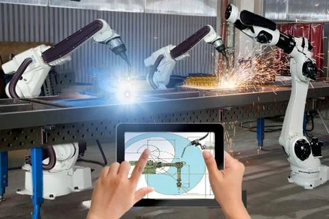 Manager engineer check and control automation robot arms machine in intelligent Stock Photos