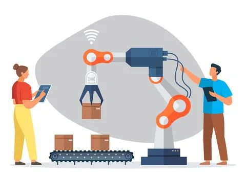 Manager engineers check and control automation robot machine Robotic process Stock Illustration