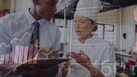 Manager entering, consulting chef, causing charts and binary code over pans for Stock Footage 333449075