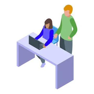 Manager explaining task to employee working on laptop at desk Stock Illustration