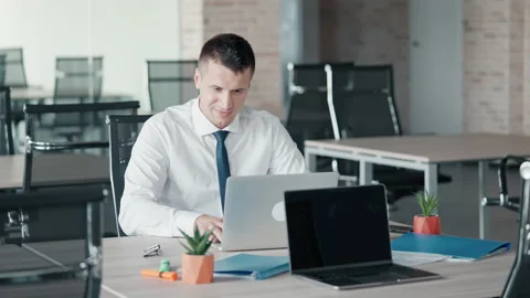 Manager finish project sitting at workspace Stock Footage 166683727