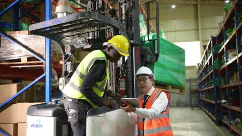 Manager with foreman discuss about the equipment used to move goods Stock Footage 255227289
