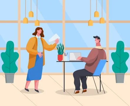 Manager Giving Task to Employee by Computer Vector Stock Illustration