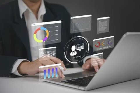 Manager hand analysis company data on virtual dashboard. Business Intellige.. Stock Photos