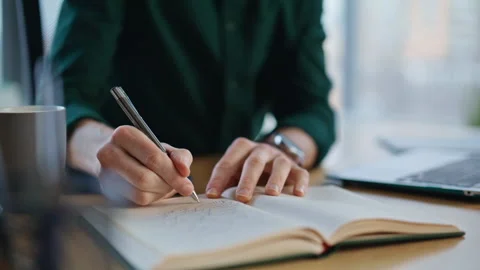 Manager hands writing notebook creating business project at workplace closeup. Stock Footage 340294490