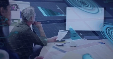 Manager holding document and watching display, presentation activating 3D bars 動画素材 333968497