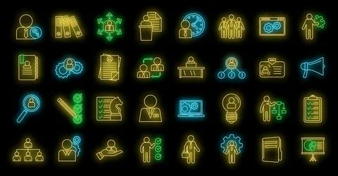 Manager icons set vector neon Stock Illustration