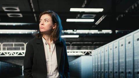 Manager inspecting data center with infrastructure rackmounts Stock Photos