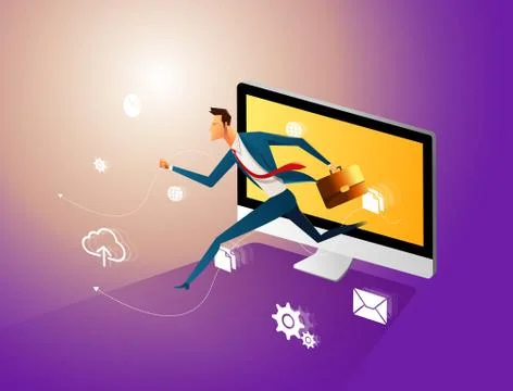 Manager jumping out of the computer, starting internet business. Business vector Stock Illustration