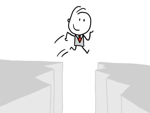 Manager jumps over gap. Overcoming obstacles concept business Illustrazione stock