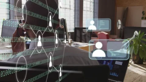 Manager lifting phone, speaking in office, causing network nodes, avatars over Stock Footage 333720143