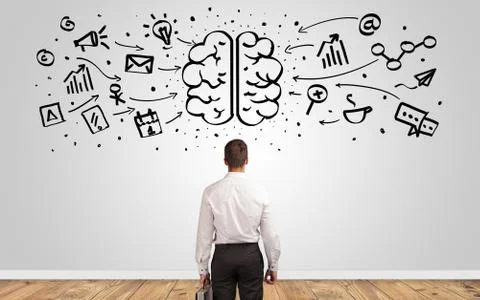 Manager looking to wall with overloaded brain concept Foto stock
