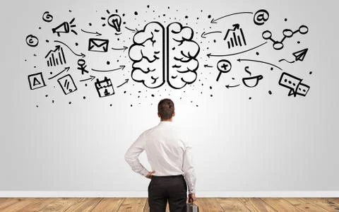 Manager looking to wall with overloaded brain concept Foto stock