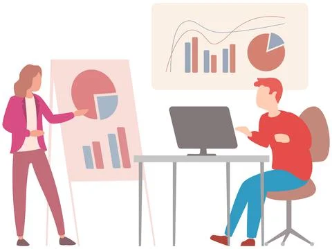 Manager makes a presentation of a statistical report. Analysis and planning Illustrazione stock
