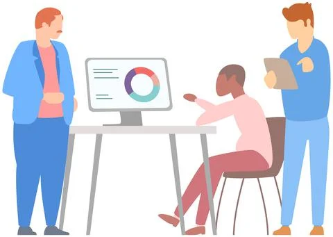 Manager makes a presentation of a statistical report. Analysis and planning Illustrazione stock