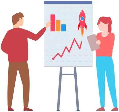 Manager makes a presentation of a statistical report. Analysis and planning Stock Illustration