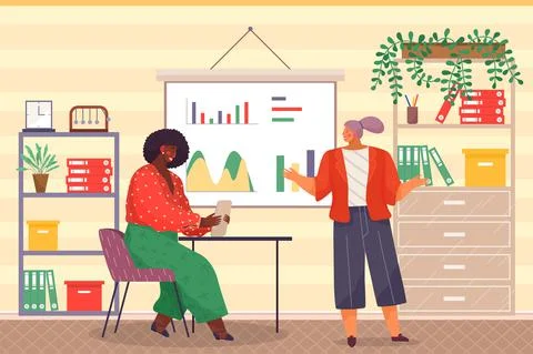 Manager makes a presentation of a statistical report. Analysis and planning Stock Illustration