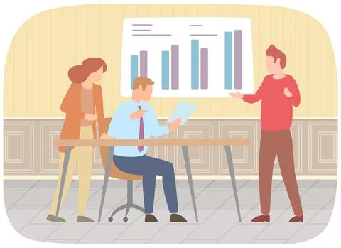 Manager makes a presentation of a statistical report. Analysis and planning Stock Illustration