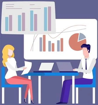 Manager makes a presentation of a statistical report. Analysis and planning Illustrazione stock