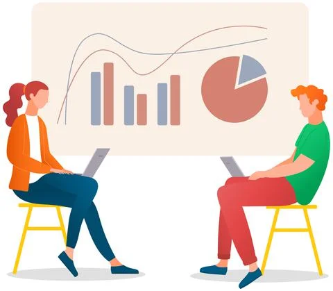 Manager makes a presentation of a statistical report. Analysis and planning Illustrazione stock