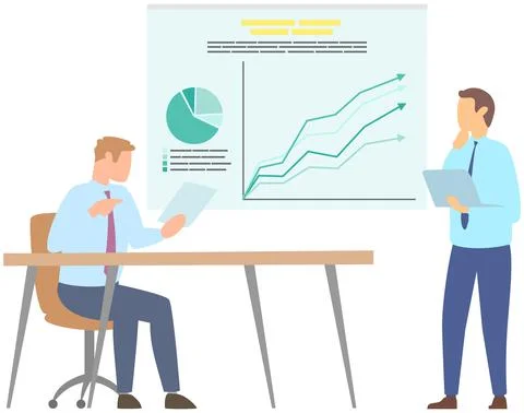 Manager makes a presentation of a statistical report. Analysis and planning Illustrazione stock
