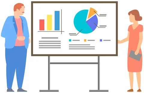 Manager makes a presentation of a statistical report. Analysis and planning Illustrazione stock