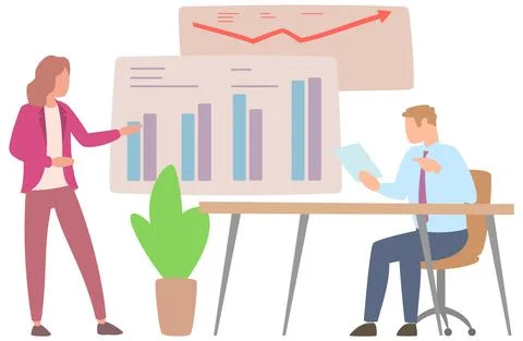 Manager makes a presentation of a statistical report. Analysis and planning Stock Illustration